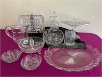 Glass Cake Plate, Decanter, Pitcher, Bowls +++