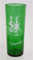 Vtg MCM Green High Ball Glass "A Bicycle For Two"