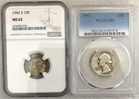 Graded Silver Quarter and Silver Dime