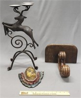 Decorative Lot: Stag Candleholder, Shelf, Cherub