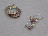 2 pair 925 sterling earrings: hoops w/ 3 ruby sets
