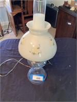 Floral white globe electrified oil lamp 16” tall