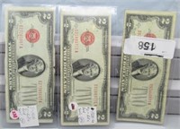 (3) 1928G US $2 Red Seal Notes.