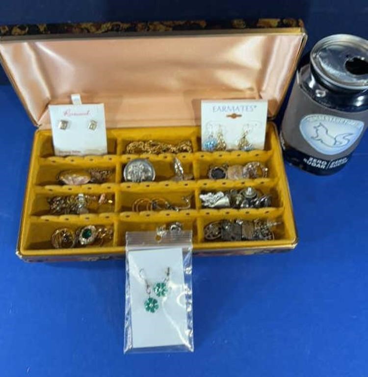 jewelry box of mixed costume earrings and more
