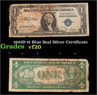 1935D $1 Blue Seal Silver Certificate Grades vf, v