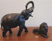 Cast metal Elephant and Lion 9" and 4" Sculptures