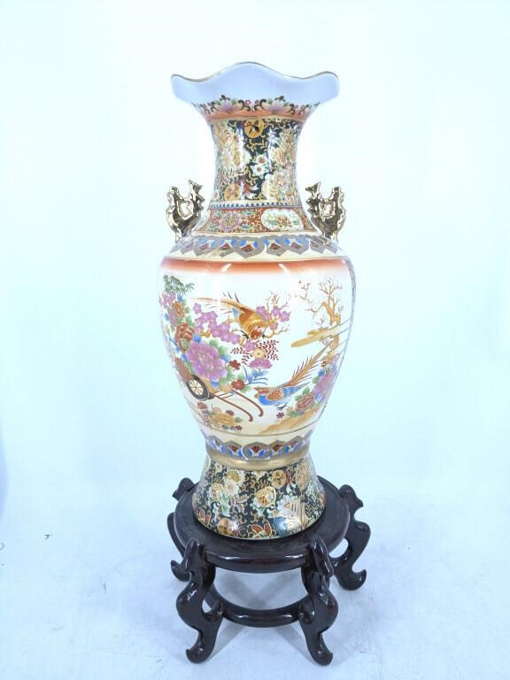 ANTIQUE Large Asian Vase w/Wooden Stand