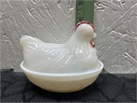 Vintage Milk Glass Hen on a Nest Ring of