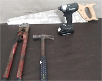 Box Bolt Cutters, Hand Saw, Hammer, Makita Drill