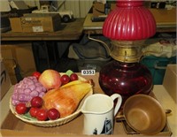 fruit bowl,copper creamer/sug, lamp