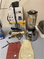 Blender, 2 bank bags and camera and equipment