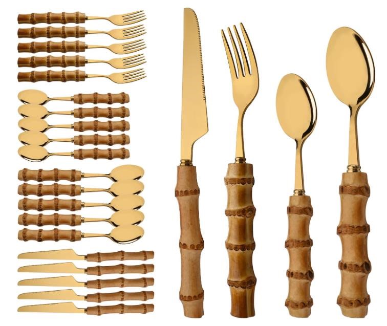 24Pc Silverware Flatware Set for 6 Natural Bamboo