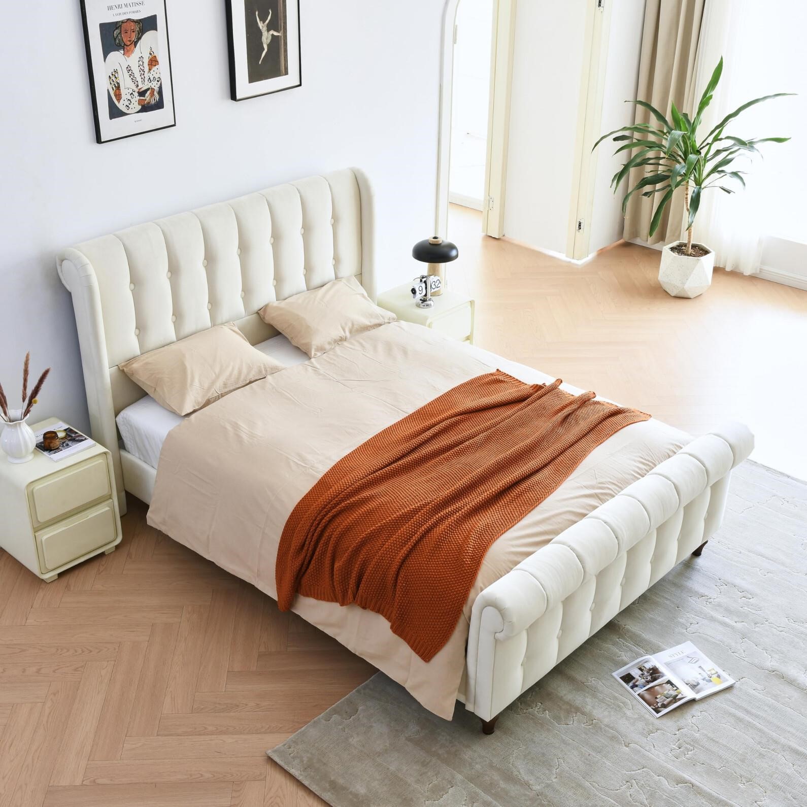 QNZK Queen Size Bed Frame, Velvet Upholstered Plat