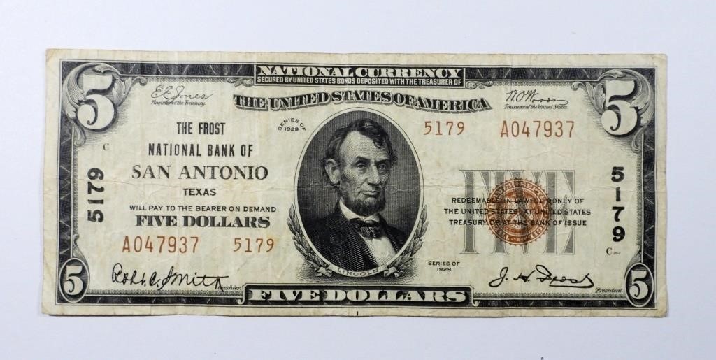 1929 $5 NATIONAL CURRENCY SAN ANTONIO