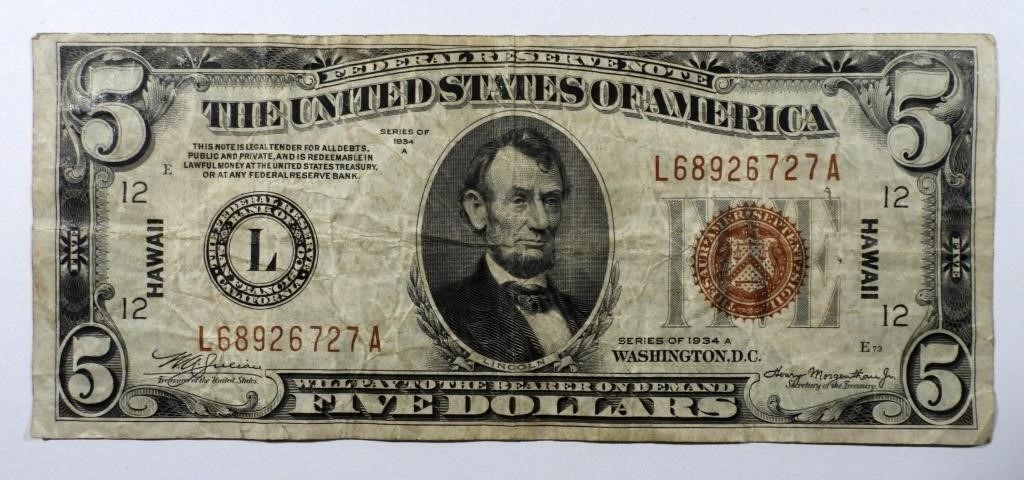 1934 $5 "HAWAII" FEDERAL RESERVE NOTE