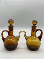 Vtg Hand Blown Amber Glass Oil & Vinegar Decanters