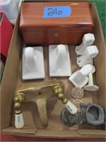 Antique brass sink valve, small jewelry box, misc