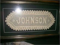 17 x 28 inch crochet name framed under glass Johns