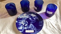 Avon Plate and 4 Blue Glasses