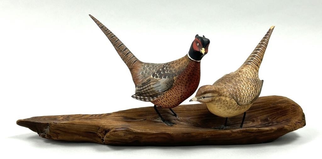 Artist Signed Carved & Painted Folk Art Pheasants.