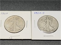 Two 1920 Walking Liberty Half Dollars