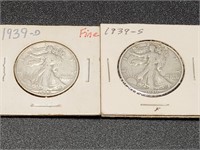 Two 1939 Walking Liberty Half Dollars