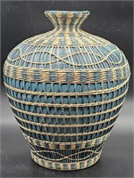 Wicker Wrapped Turquoise Vase