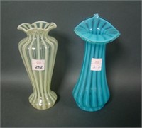 2 Victorian Vaseline and Blue Opal Striped Vases