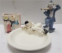 Ceramic clown lot. 1992 statue with violin, bowl,