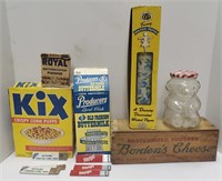 Vintage foodstuffs, wax paper, glass teddy bear