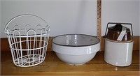 Stoneware Bowl, Jug, & wire basket