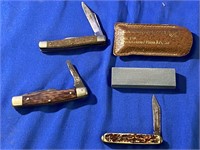 3 Pocket Knives And Pocket Hone