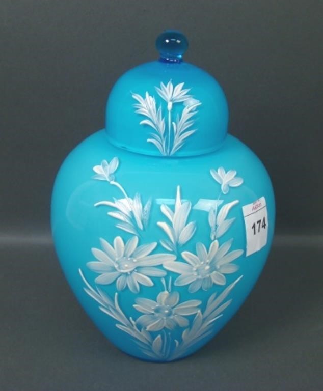 Consol. Blue Cased White Floral Enam. Covered Urn