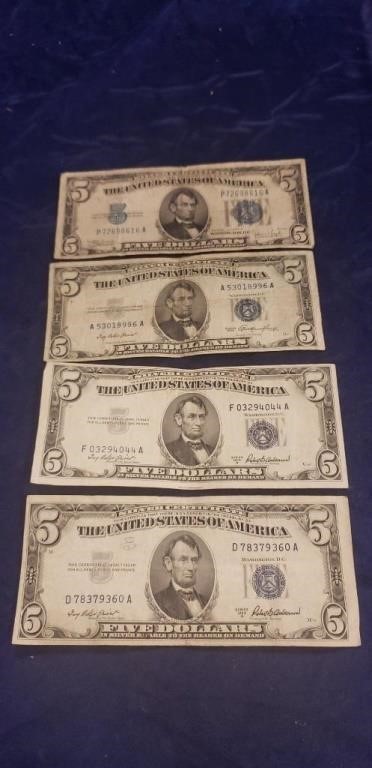 (4) Silver Certificate Five Dollar Bills