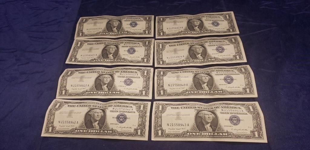 (8) Silver Certificate One Dollar Bills