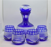 Vintage Cobalt Blue Cased Glass Decanter Set