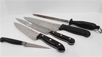 3 HENCKEL KNIVES + KNIFE SHARPENER + MUNDIAL KNIFE