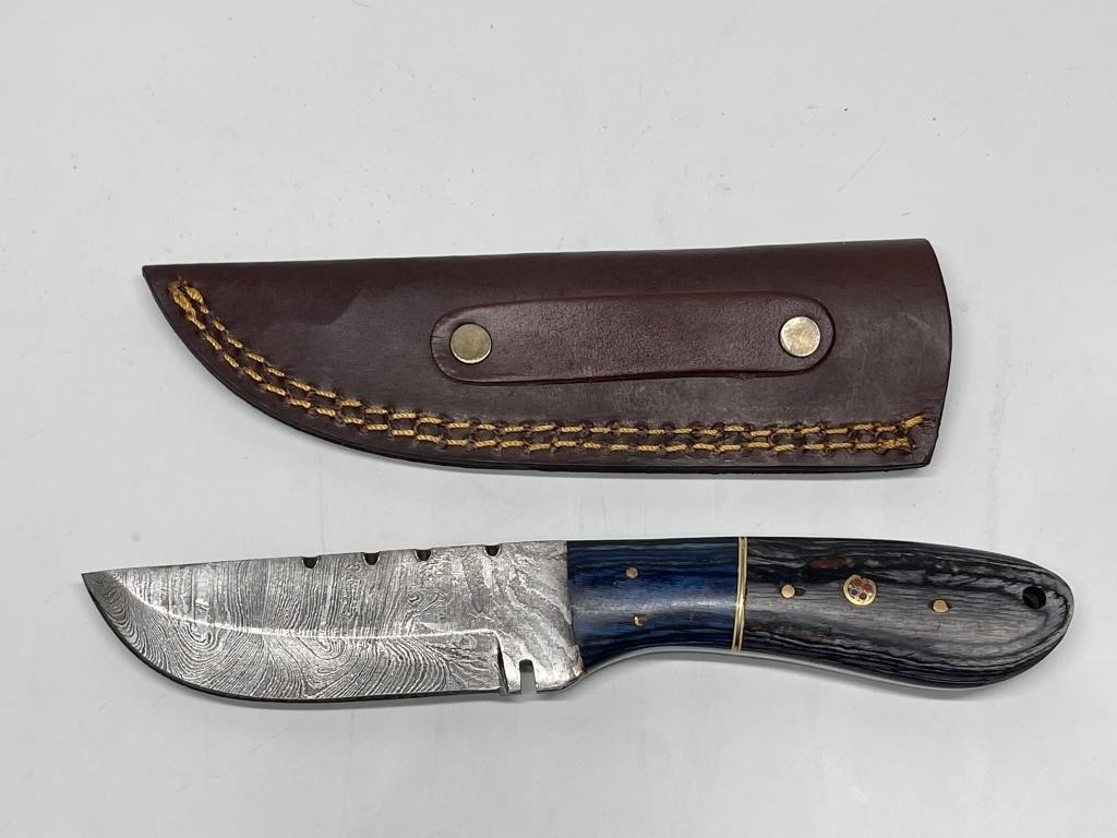 Damascus Steel Knife with Leather Sheath 8in L