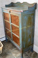 Blue painted pie safe with punched tin doors. Dime