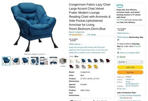 FB3064  Congermom Velvet Accent Chair Blue