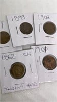(5) assorted Indian head pennies