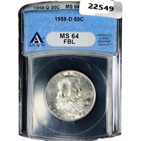 1958-D Franklin Half Dollar ANACS MS64 FBL