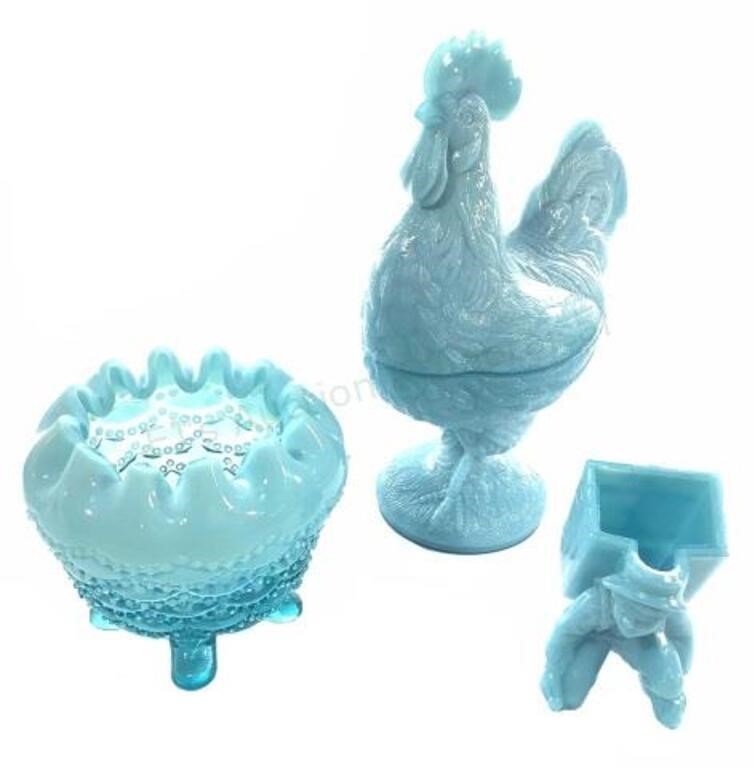 (3pc) Blue Milk Glass Hen On Basket, Rose Bowl