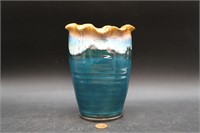 Signed Ruffled Edge Drip Studio Art Pottery Vase