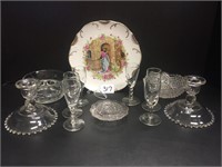 2 CANDLE HOLDERS, PLATE, MISC. GLASSWARE
