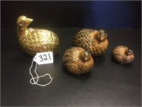 4 QUAIL FIGURINES  (ONE IS BRASS)