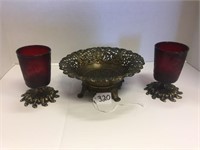 VINTAGE C.T.6 FOOTED BRASS BOWL, BRASS/RED CUPS