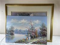 Large painted canvas and picture with frame