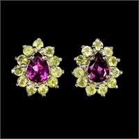 Natural Pink Rhodolite Garnet Peridot Earrings