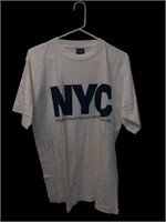 NYC blue on white T shirt,  42" chest,  28" long